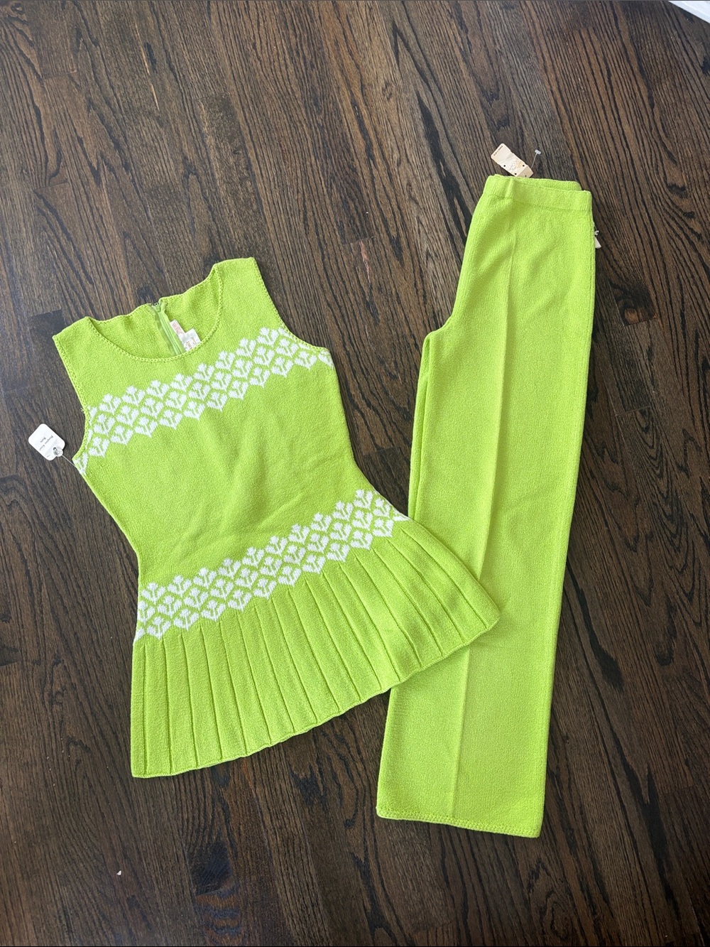 Vintage Neon Lime Knit Two-Piece Set with White Pattern- by The Hampton Court